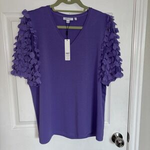 Chicos Top Size 2 Knit Top Parisian Purple Appliqué Short Sleeve Tee New
